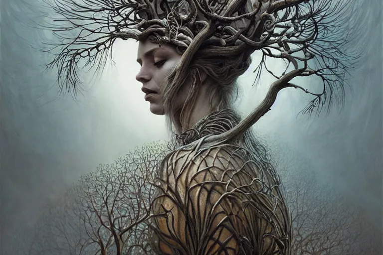 Prompt: priestess wearing a crown of twisted branches, fantasy, intricate, elegant, dramatic lighting, emotionally evoking symbolic metaphor, highly detailed, lifelike, photorealistic, digital painting, artstation, concept art, smooth, sharp focus, illustration, art by beksinski and albert aublet and krenz cushart and artem demura and alphonse mucha