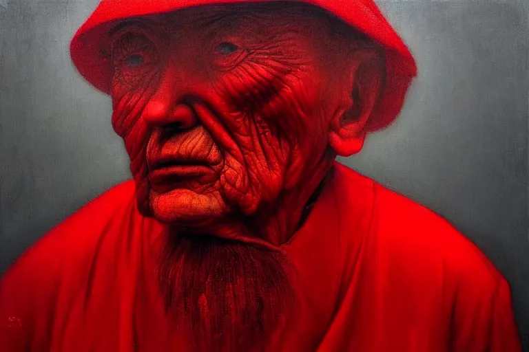 Prompt: only with red, a red old man try to sell a portrait, in a square, crowd goes crazy, in the style of beksinski, parts by edward hopper, parts by rodcenko, parts by yue minjun, intricate and epic composition, red by caravaggio, insanely quality, highly detailed, masterpiece, red light, artstation, 4 k