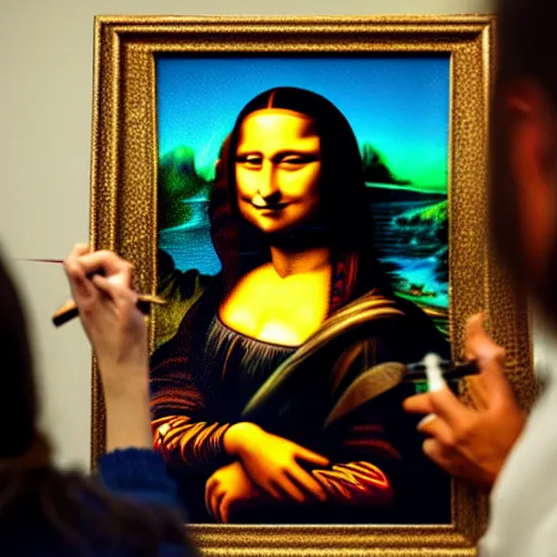 Image similar to A woman that looks like Mona Lisa is painting a portrait of Lenoardo da Vinci in a workshop