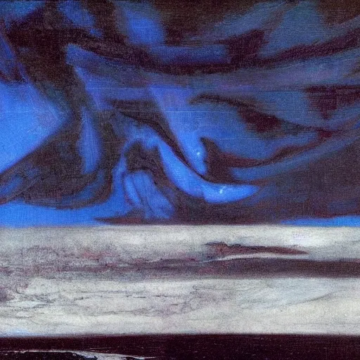 Image similar to the epic abstract painting'blue arctic void with black and red aurora borealis above a large herd of tiny walruses ', by caspar david friedrich!!!, by rothko!!!, stunning masterpiece, trending on artstation