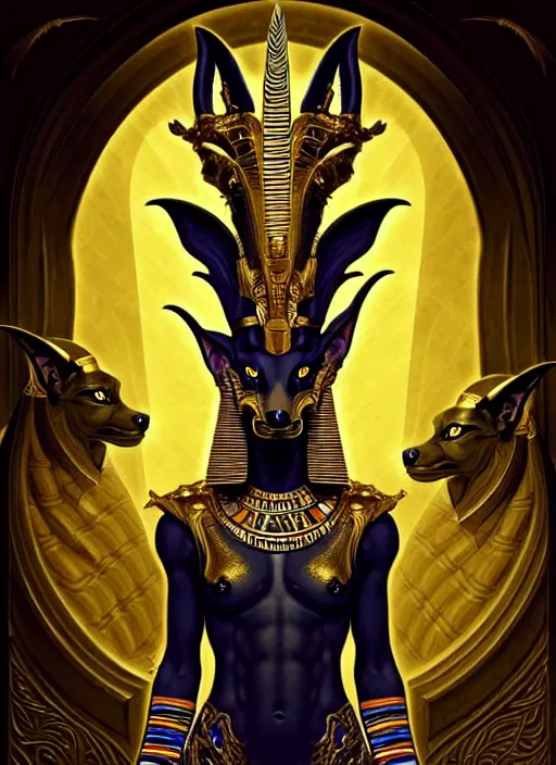 Image similar to angry god anubis, snarling jackal with egyptian pharaoh headdress and nemes, ornate art nouveau detail, black and gold palette, fantasy, intricate, elegant, highly detailed, colorful, dark colors, dramatic shadow, digital painting, artstation, concept art, art by artgerm and greg rutkowski and ruan jia,