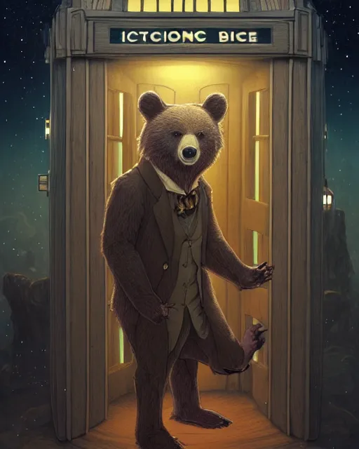 Image similar to anthropomorphic art of a detective bear inside tardis, victorian inspired clothing by artgerm, victo ngai, ryohei hase, artstation. fractal papersand books. highly detailed digital painting, smooth, global illumination, fantasy art by greg rutkowsky, karl spitzweg