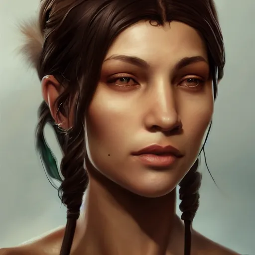 Prompt: beautiful, very strong, mixed race, female, middle aged, face, no makeup, head shot, fantasy, highly detailed, digital painting, artstation, concept art, smooth, sharp focus, illustration, art by jodie muir and brom