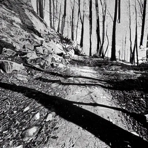 Image similar to A medium-format black-and-white photo shot on expired film, of the last thing a hiker saw before disappearing forever, 1976, creepy, horror, shadow