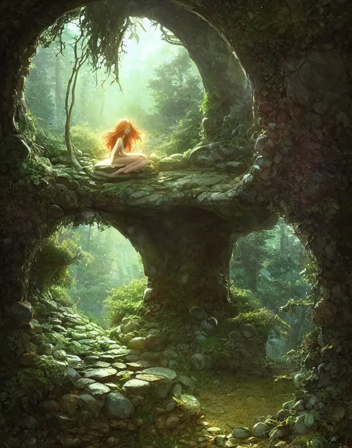 Prompt: Fantasy Magical fairy-tale stone portal in the forest. Round stone portal teleport in trees to other worlds. Fantastic landscape. Magic Altar in the fores, highly detailed, digital painting, artstation, concept art, smooth, sharp focus, illustration, art by artgerm and greg rutkowski and alphonse mucha