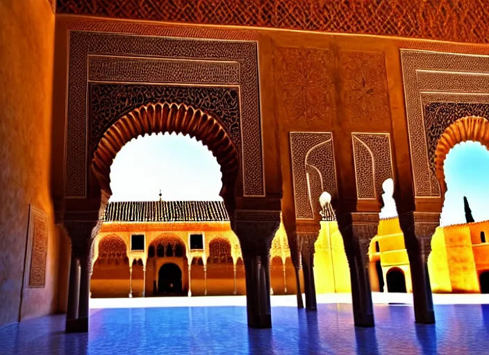 Prompt: alhambra in granada spain mastery of moorish design and architecture, volumetric rays, cinematic lighting