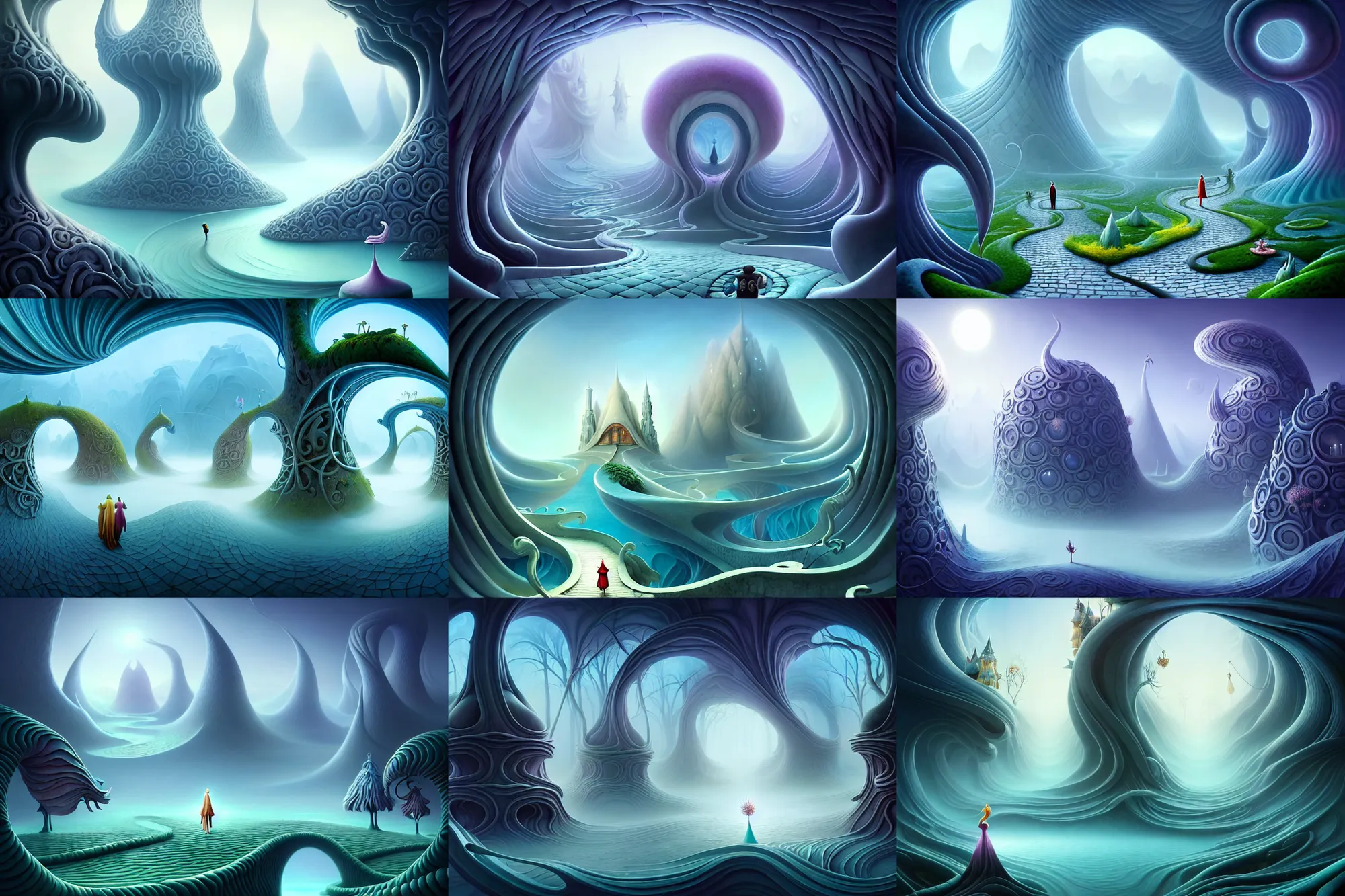 Prompt: an epic elite mysterious whimsical masterpiece fantasy matte painting of a winding path through arctic dream worlds with surreal architecture designed by heironymous bosch, structures inspired by heironymous bosch's garden of earthly delights, surreal ice interiors by cyril rolando and cyril rolando and asher durand and natalie shau, insanely detailed and intricate, very complex, elegant