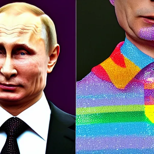 Prompt: Putin with a rainbow shirt and pink glasses, glitter make-up