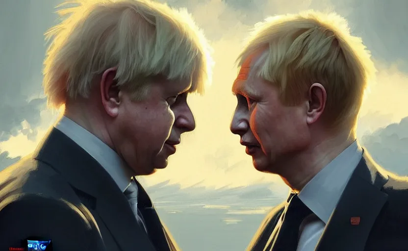 Image similar to Boris Johnson vs Vladimir Putin, face to face staring, civil war style, highly detailed, digital painting, artstation, concept art, smooth, sharp focus, illustration, cinematic lighting, art by artgerm and greg rutkowski and alphonse mucha