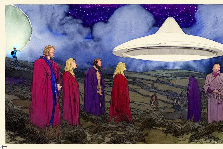 Image similar to a realistic and atmospheric watercolour fantasy character concept art portrait of a group of christians wearing robes and emerging from the mist on the moors of ireland at night. a ufo is in the background. by rebecca guay, michael kaluta, charles vess and jean moebius giraud