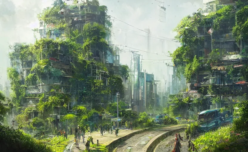 Image similar to A painting of a Solarpunk City covered in Greenery trending on artstation in the style of Greg Rutkowski