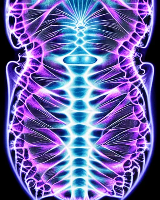 Image similar to alex grey style fractal pattern xray portrait of a glowing alien with space behind them. convergence of a higher mind