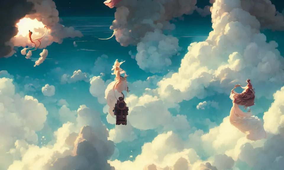 Image similar to happiness and friendship, floating high in the clouds, by peter mohrbacher, victo ngai, greg rutkowski, artgerm, volumetric lighting, intricate, environmental lighting, 4 k