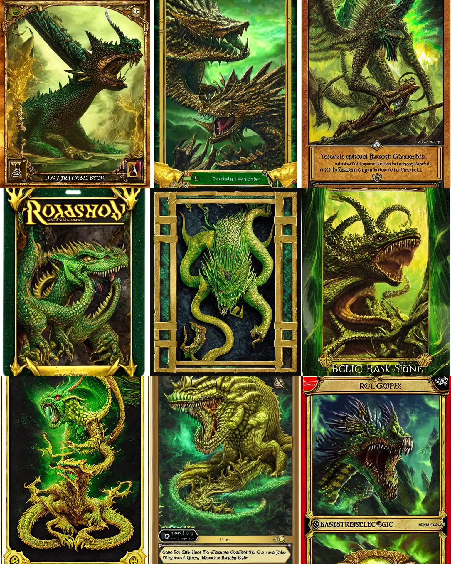 Image similar to a giant monster epic royal stone basilisk, gold green creature, magic : the gathering