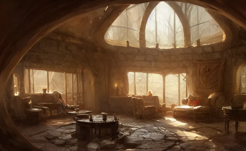 Prompt: painting of an interior of a hidden ring - shaped living quarters overlooking the great room, well maintained, clean, medieval, fantasy genre, natural light, fantasy, natural light, concept art, by greg rutkowski and craig mullins, cozy atmospheric and cinematic lighting, trending on artstation