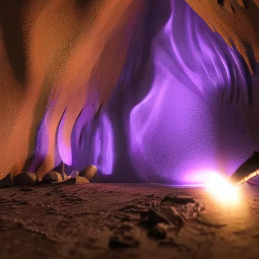 Image similar to purple fluid dripping down black spikes in a dark cave with a single lit torch, cinematic lighting, 8k render, ultra HD,