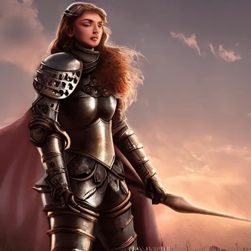 Image similar to a beautiful girl medieval knight in armor full view cinematic, high octane, 4 k