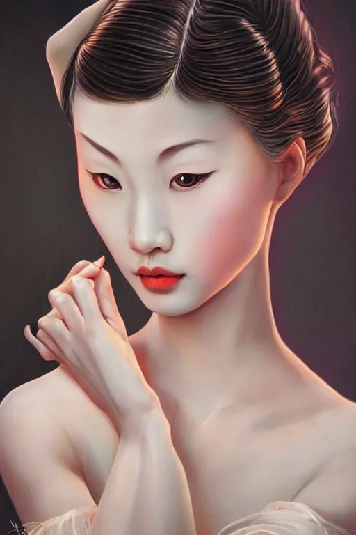 Image similar to hyperrealistic photography of a highly detailed and symmetrical gorgeous asian female ballerina in the style of vargas and wlop, highly detailed, face symmetry, highly realistic hands, masterpiece, award - winning, sharp focus, intricate concept art, ambient lighting, 8 k, artstation