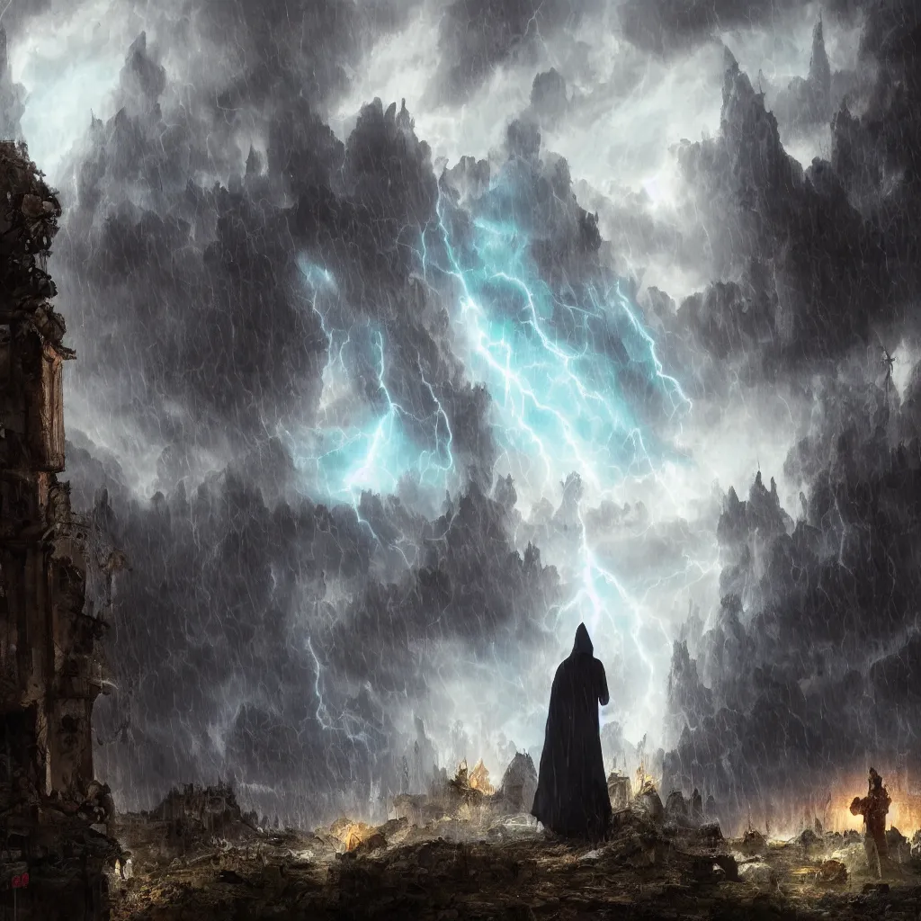 Image similar to a still of a cloaked figure standing in the ruins of crux prime, monastery, there is lightning, blue fiery maelstrom in the distance, it is raining, digital art, artstationhq