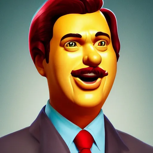 Image similar to Portrait of Pedro Sanchez, prime minister of Spain, as Ronald McDonald, mattepainting concept Blizzard pixar maya engine on stylized background splash comics global illumination lighting artstation lois van baarle, ilya kuvshinov, rossdraws