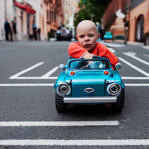 Image similar to john malkovich driving a toy car, canon eos r 3, f / 1. 4, iso 2 0 0, 1 / 1 6 0 s, 8 k, raw, unedited, symmetrical balance, wide angle