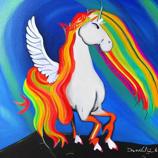 Image similar to a painting of donald trump riding a rainbow unicorn