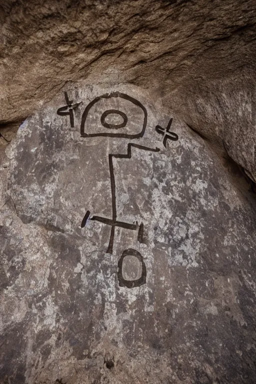 Image similar to 4 k photography of petroglyphs representing crosses, ufo, wifi symbol on a cave