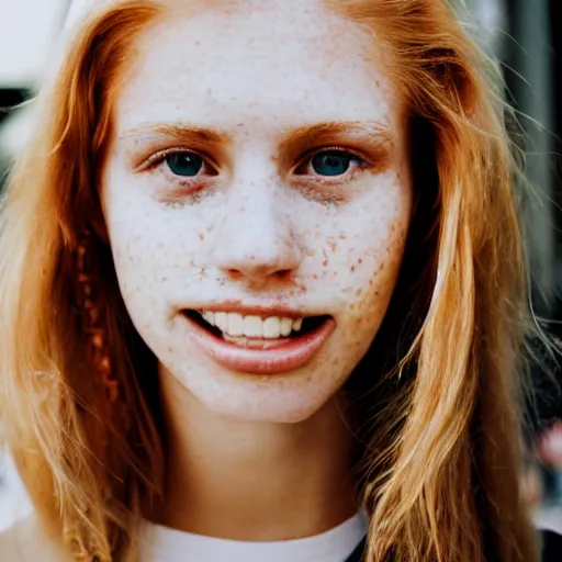 Prompt: Portrait photograph of a Strawberry-Blonde Girl, Young Beautiful Face, Green Eyes, Freckles, Wearing a white crop-top and jeans, with a subtle smile, Humans of New York Style, Leica Camera 50mm lens, street photography, grainy film photo