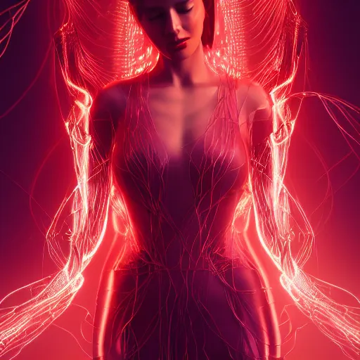 Prompt: a highly detalied digital image of a beautiful futuristic woman elegantly tangled in fiery red threads, by Andrew Chiampo, artstation, and Frederik Heyman, extremely detailed woman, stunning volumetric lighting, hyper realism, fantasy 4k, 8k