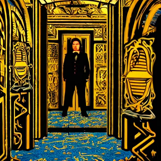 Image similar to a black nightmare in a blue and gold haunted liminal abandoned room, film still by wes anderson, limited color palette, very intricate, art nouveau, highly detailed, strong lights, liminal, eerie, bright pastel colors