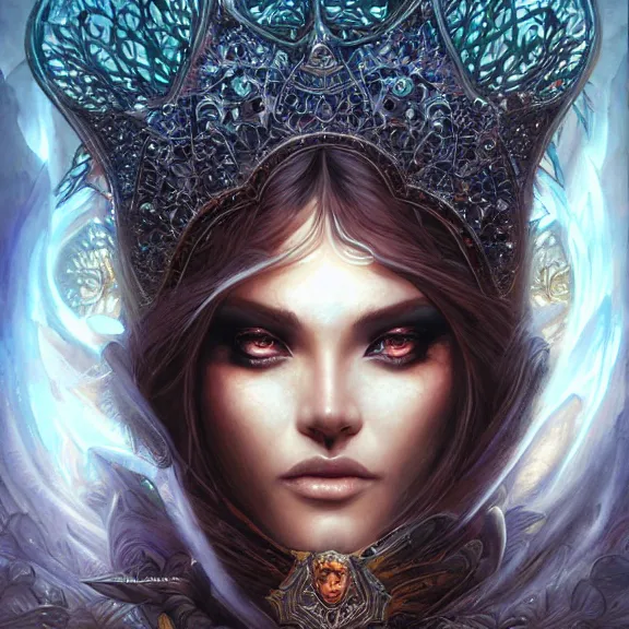 Prompt: a highly detailed painting of a sorceress with piercing beautiful eyes, mystical temple setting, dynamic lighting, ambient lighting, deviantart, art by artgerm and karol bak and mark brooks
