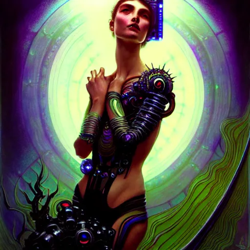 Image similar to extremely psychedelic beautiful cyborg queen of lsd infected by night. intricate, elegant, highly detailed, extremely lifelike photorealistic digital painting, artstation. steichen, gaston bussiere, tom bagshaw, cyberpunk alphonse mucha. elegant minimalism. anatomically correct. sultry. sharp focus. black. surreal lush hallucination