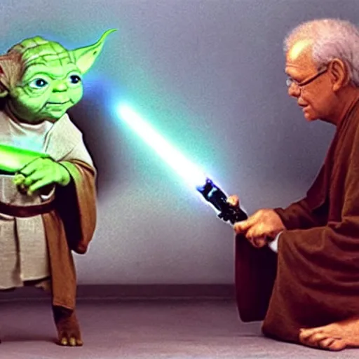 Image similar to Jedi master yoda teaching a kitten how to use a lightsaber