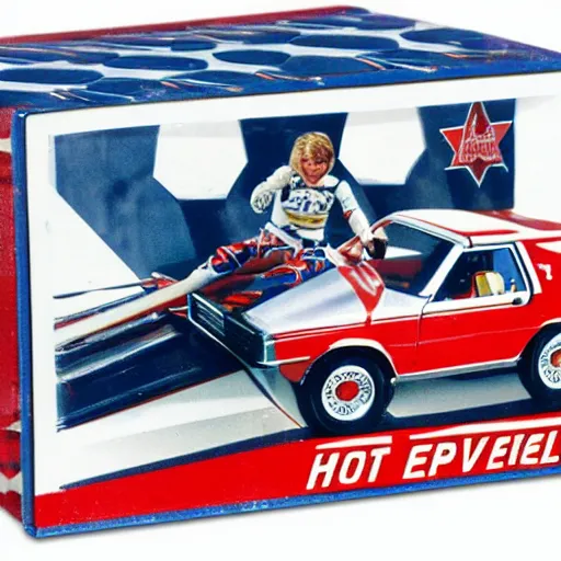 Prompt: evel knievel hotwheels play set, matchbox cars, by mattel, for kids, j. c. penny wish book 1 9 8 2