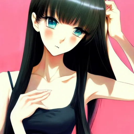 Prompt: attractive elegant sophisticated reservedyoung woman, slim figure, perfect silky straight hair, smooth tan skin, dark circles under bemused eyes, hip emo fashion, tshirt!!, shorts!!, illustrated for newtype magazine!! by range murata!!!, realistic anime style, pinterest, very interesting digital painting, beautiful portrait!!!