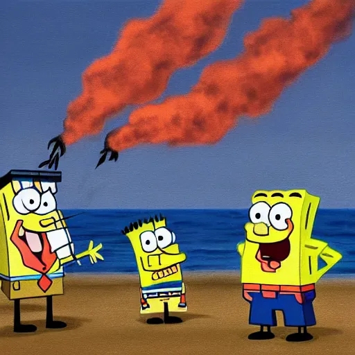 Prompt: a gloomy photo of spongebob and patrick standing on the beach, d-day, smoke, fire, detailed, realistic, hyper-realism,