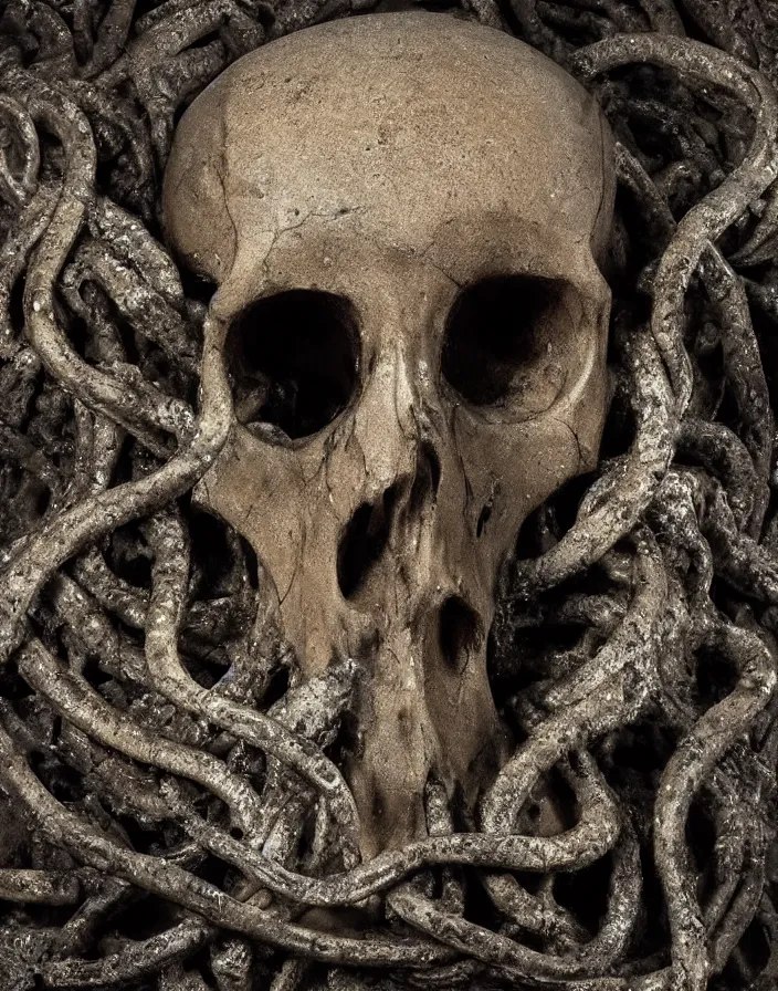 Image similar to Giant Stone skull with petrified tentacles in dark cave, Ayahuasca, surface of mold and decay, by H. R. Giger:: Macro::2 8K:: Contre-Jour::2 Morph:: watermark::-0.3 blurry::-0.3 cropped::-0.3 Unreal Engine::3