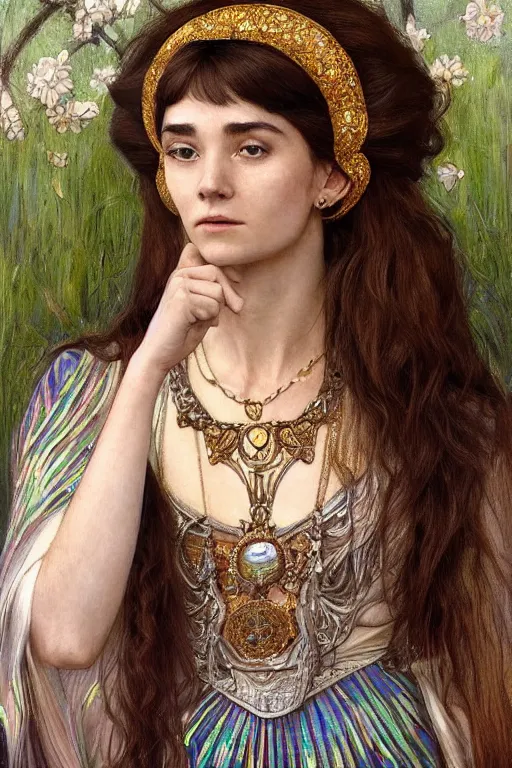 Image similar to a full body art nouveau portrait of a 16-year old sun goddess who resembles Audrey Hepburn and Saoirse Ronan with a worried, intense gaze and slightly opened mouth, ornate intricate iridescent mother-of-pearl jewelry, intricate, elegant, highly detailed, digital painting, artstation, concept art, smooth, sharp focus, illustration, art by John William Waterhouse and Bouguereau and Donato Giancola and alphonse mucha