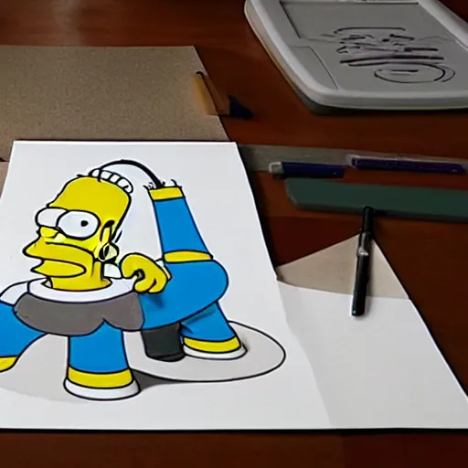 Image similar to homer simpson is standing over a desk and leaning down to draw the simpsons on a large white paper, concept art