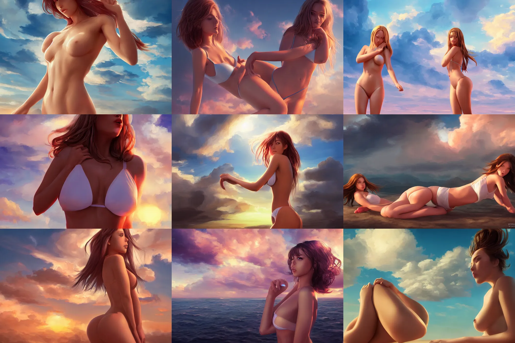 Prompt: front shot of a sexy angel in transparent bikini, manga, digital art by wlop, mandy jurgens, artstation contest winner, cinematic paint. dramatic cloud in background. sunset