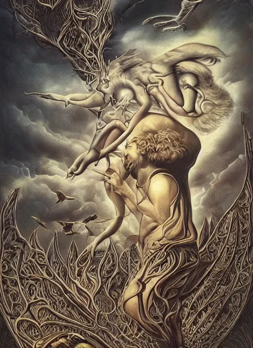 Prompt: supernatural ideal cult leader, extra - sensory perception and parapsychology, showing hidden knowledge from dark ritual book, intricate detail, surrealism masterpiece composition, by michael parkes, alex horley, casey weldon