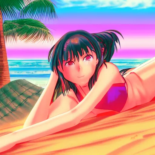 Prompt: girl laying in the sand next to ocean in sunset, sprite, vaporwave nostalgia, visual novel cg, 8 0 s anime vibe, kimagure orange road, yu - no, initial d, drawn by by commodore 6 4, wallpaper, ultra hd, vlc screenshot