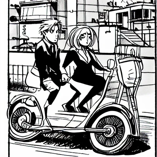 Image similar to a drawing of a man and a woman riding a scooter, a comic book panel by hiromu arakawa, featured on pixiv, tachisme, rtx, anime, art