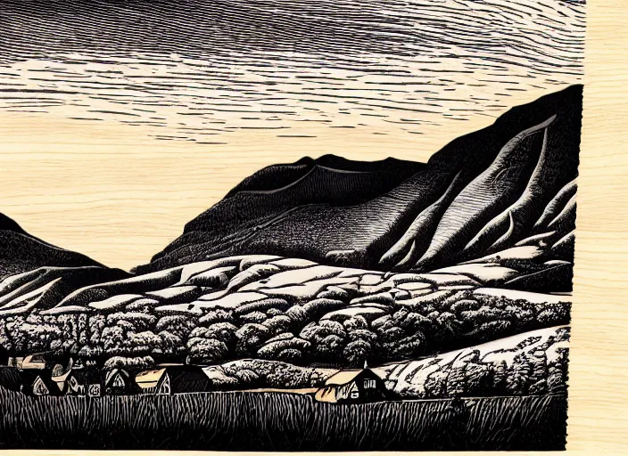 Image similar to an award winning wood engraving on paper of The highlands of Scotland