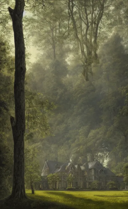 Prompt: portrait of a large victorian manor house in a pine forest, well lit, detailed, cinematic lighting, oil painting