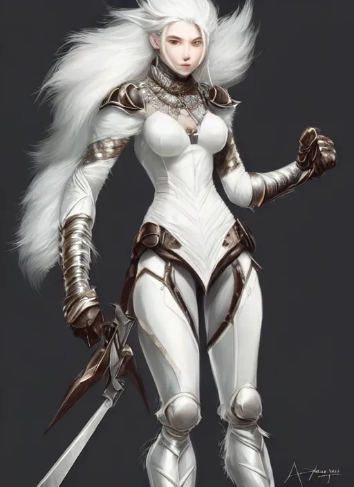 Image similar to fur - lined armor!!! beautiful and elegant white haired female!! gorgeous ayes!! character concept art, sharp focus, octane render! unreal engine 5! highly rendered!! trending on artstation!! detailed linework!! illustration by artgerm and peter mohrbacher