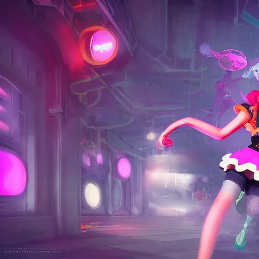 Prompt: a girl like jinx and Princess peach, dancing, background jet ground radio, fullshot, raytrayced, octane render, epic composition, intricate details, dark neon punk, by myanko