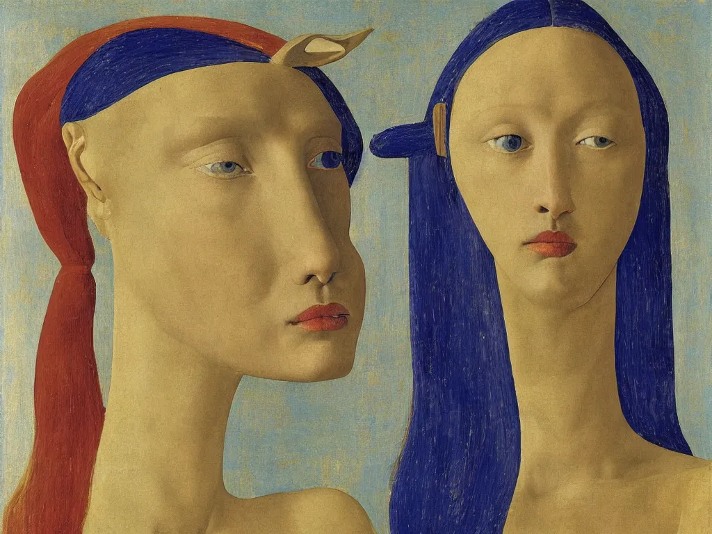 Image similar to portrait of woman with horse head. lapis lazuli, malachite, turqouise, gold. painting by piero della francesca, balthus, agnes pelton