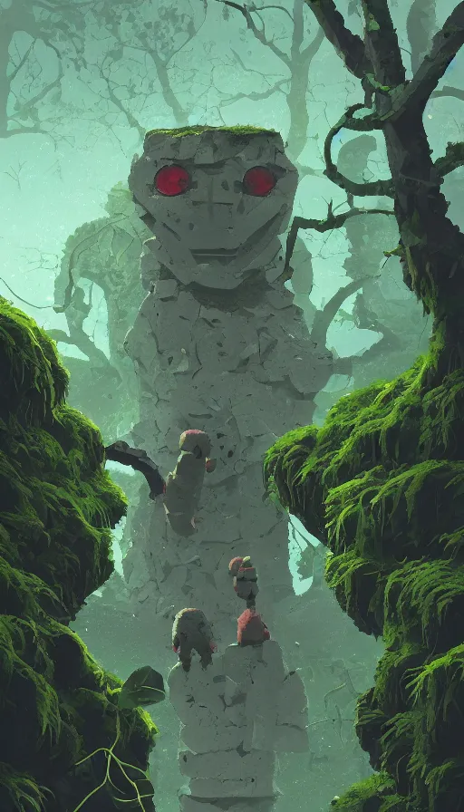 Image similar to stone golem, moss and ivy, true evil, dormant, broken, calling a traveller nearby, sharp focus, james gilleard, cinematic, game art, extremely detailed digital painting, print