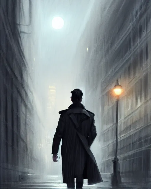 Prompt: portrait of james marsden, trench coat, stormy night, urban city scenery, moonlight, photorealism, jesper ejsing, artstation, volumetric lighting